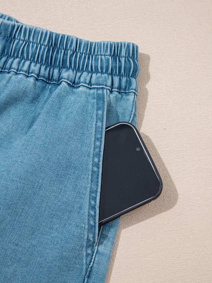 Beau Blue Contrast Drawstring Elastic Waistband Denim Shorts for wholesale on Faire4