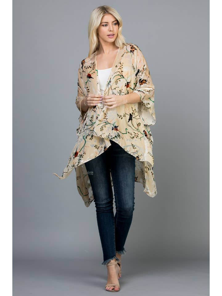 LA Soul - Wholesale Kimono - Women's - Bird With Branches Print Velvet Kimono