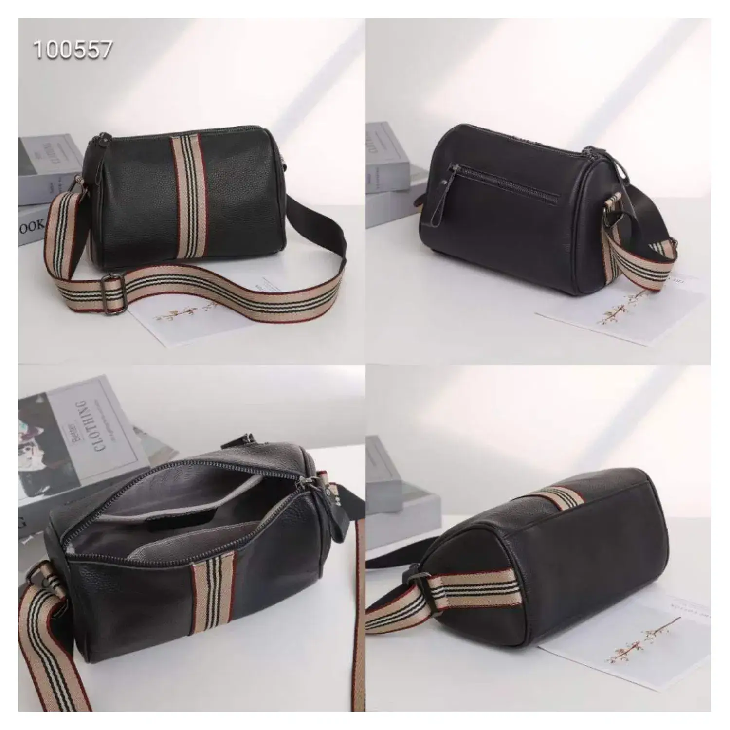 Superbia - Vente Sac porté épaule – femme - Sac tonneau en cuir véritable avec sangle en toile à rayures-Ytb-8184