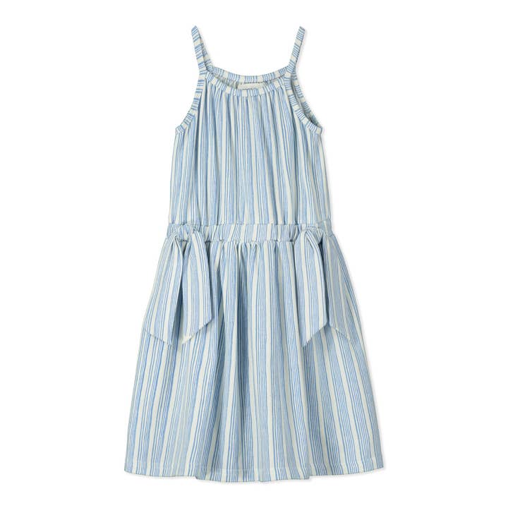 Bow detail dress in blue stripe for wholesale by Poppet & Fox