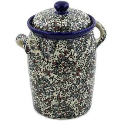 Bocal avec couvercle et poignées 11" thème classique noir et blanc UNIKAT pour la vente par Polmedia Polish Pottery