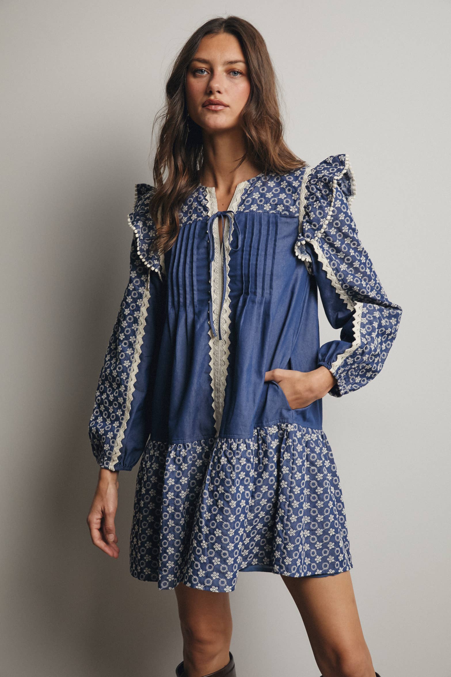 Denim Patchwork Lace Trim Mini Dress FD0012 for wholesale on Faire1