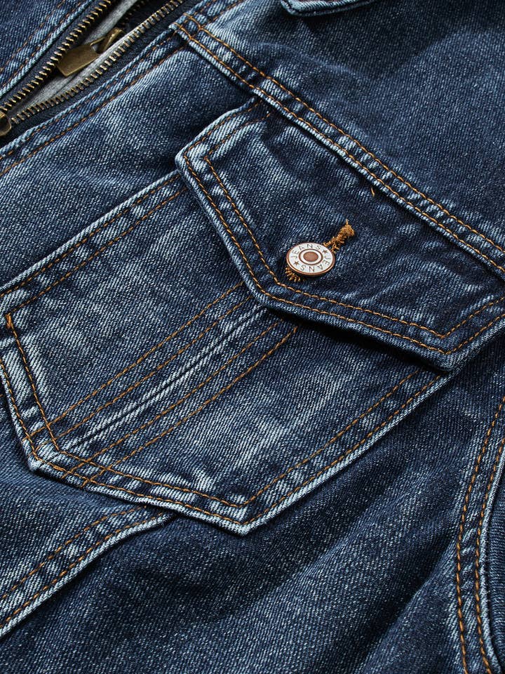 Dark Blue Fake Two-Piece Hooded Zip-Up Denim Jacket for wholesale on Faire7