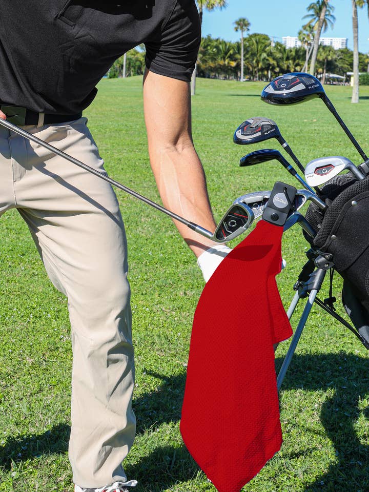 Magnetic Microfiber Golf Towel with Clip - Red for wholesale by Playing It Forward