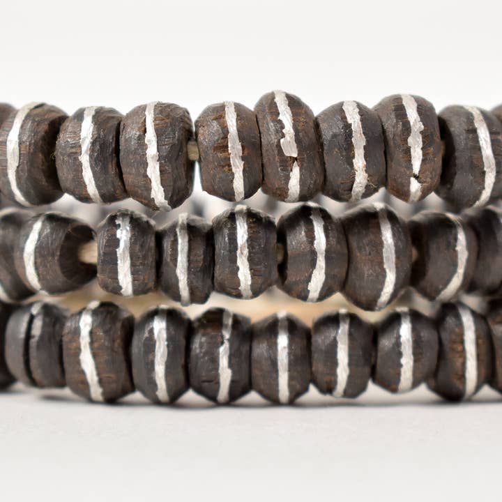 Africa Direct - Wholesale Beads - Ebony Wood Trade Beads with Inlaid Silver Stripe from Mali