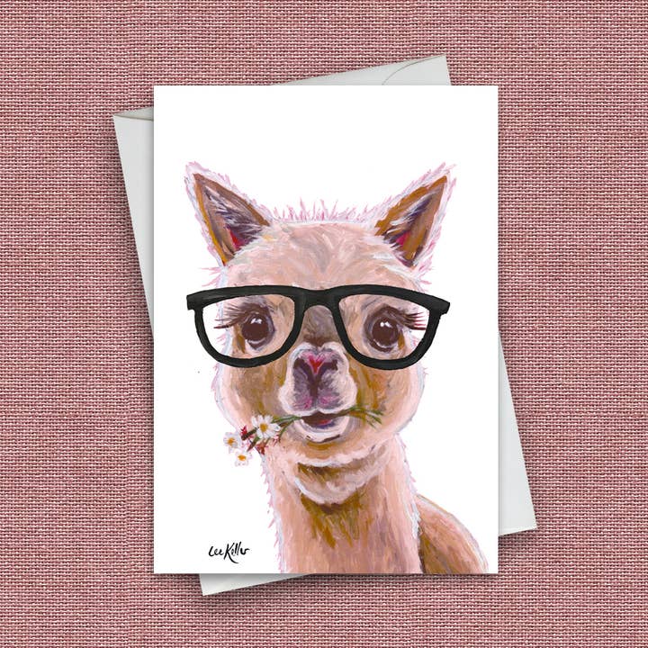 Alpaca briller kort 'Holly', Farm Animal lykønskningskort for engroshandel hos Hippie Hound Studios