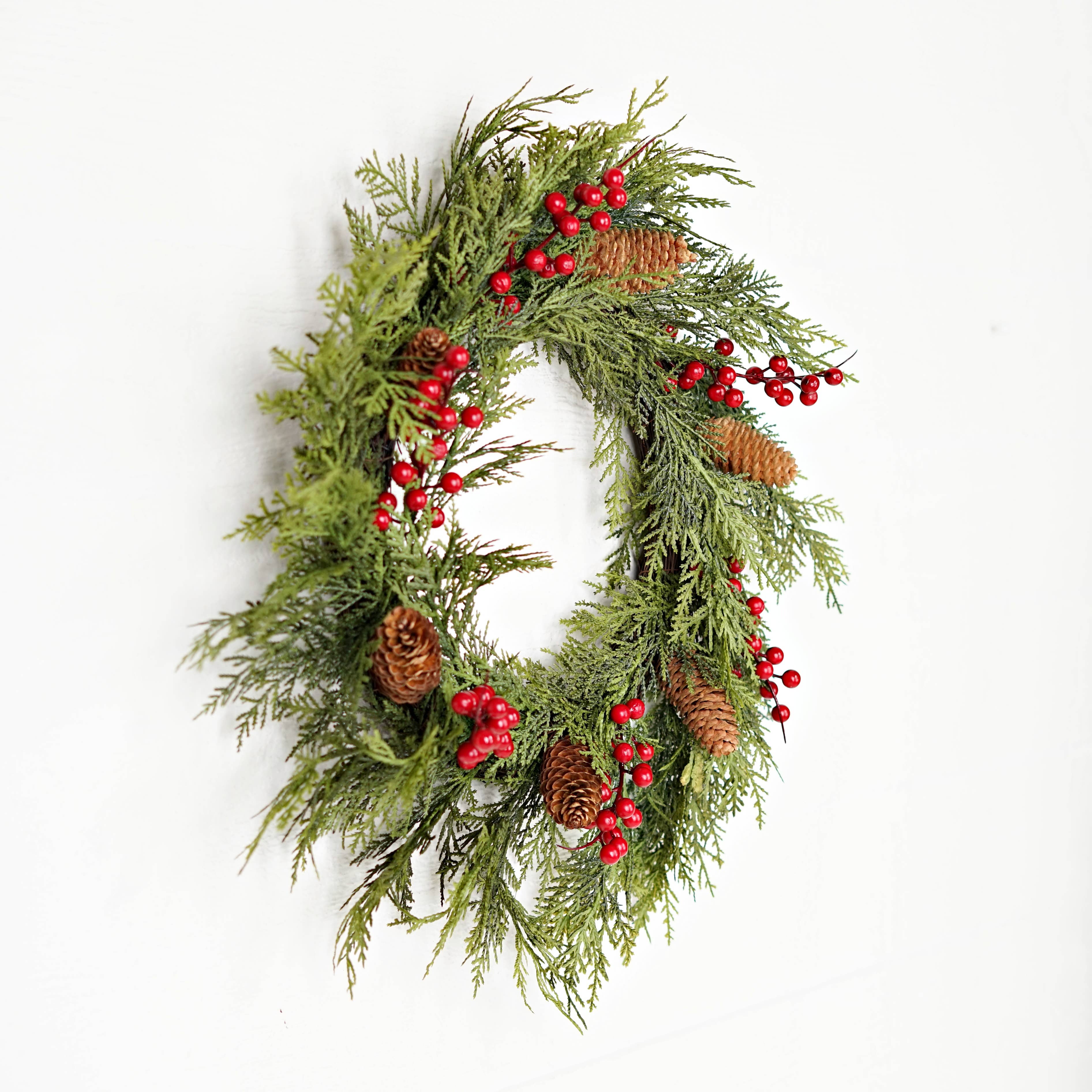 Holiday Depot Inc. - Wholesale Wreath - 510050- 22in Twig Wreath-Superior Real Touch Mix Cedar w.Red4
