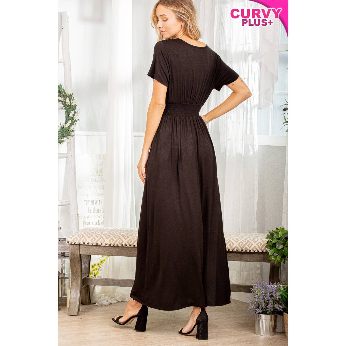 Pink Irene Wholesale - Wholesale Dress - Women's - PLUS SOLID MAXI DRESS WITH SURPLICE AND SMOCKED11