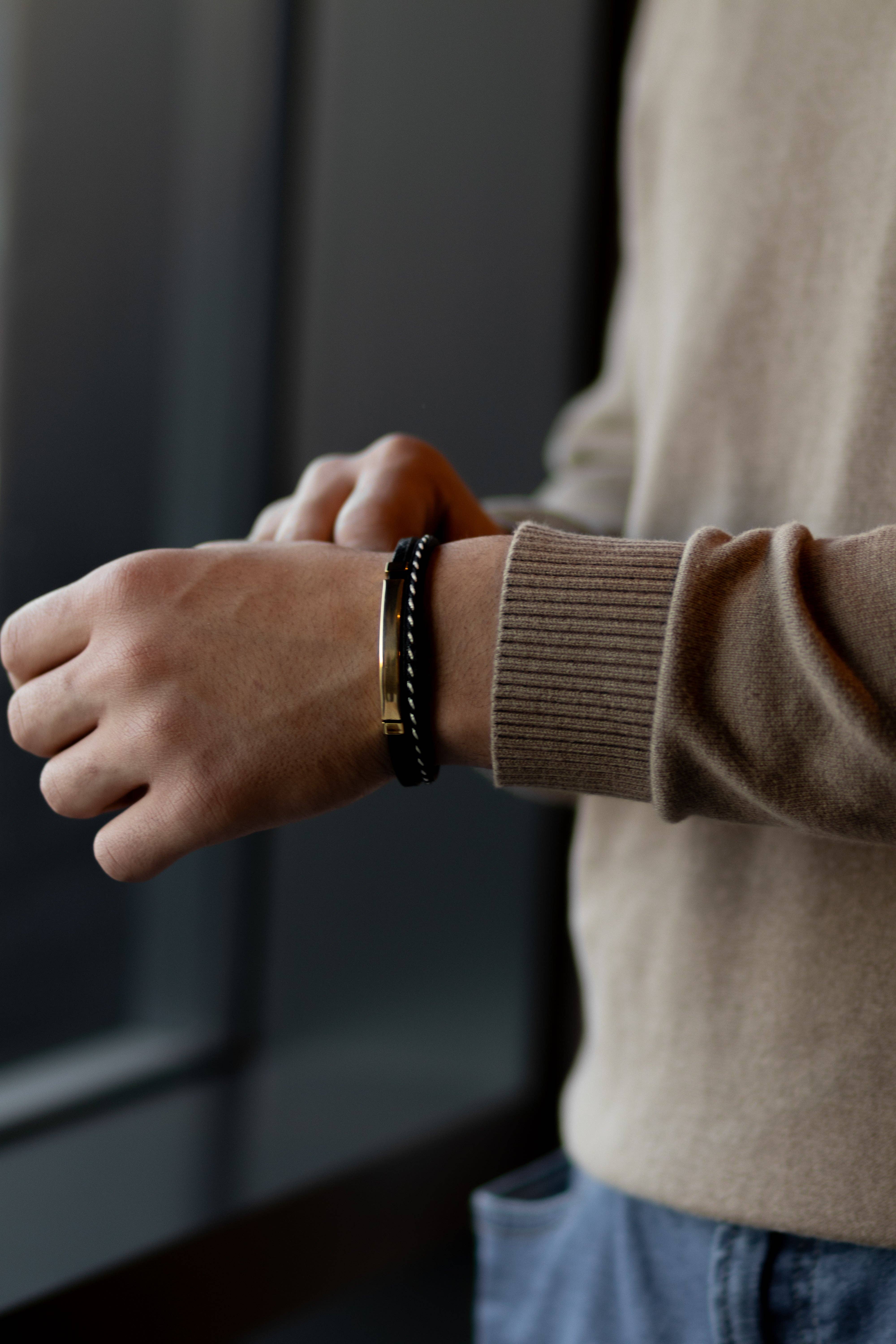 Sedy Jewelry - Wholesale Jewelry - Men's - Men’s Black Leather Bracelet with Gold-Tone Stainless Steel 2