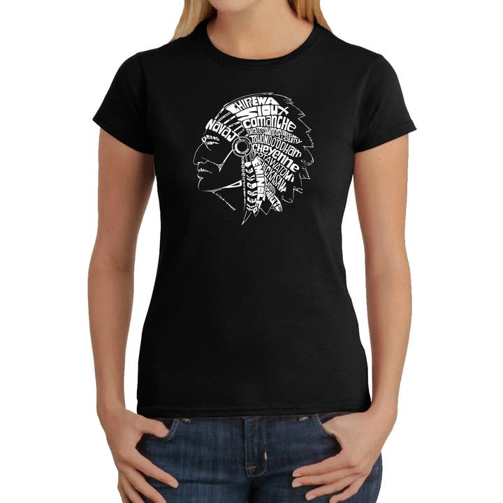 T-shirt Word Art de LA Pop Art pour femmes -NATIVE AMERICAN TRIBES pour la vente par LA Pop Art