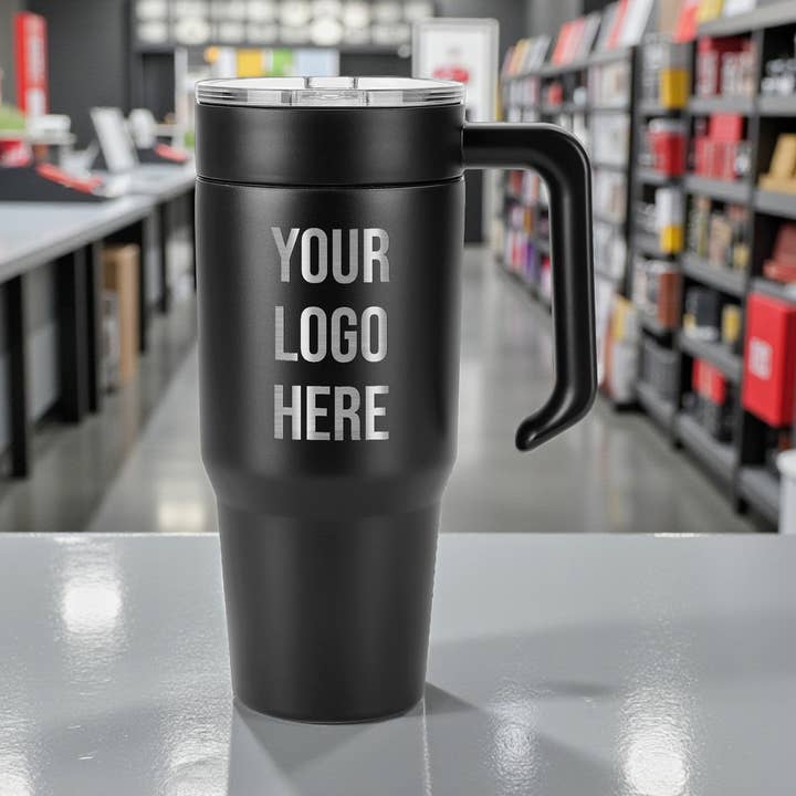 Specialfremstillet indgraveret logo 30oz tumbler med håndtag i bulk for engroshandel hos Engrave My Memories