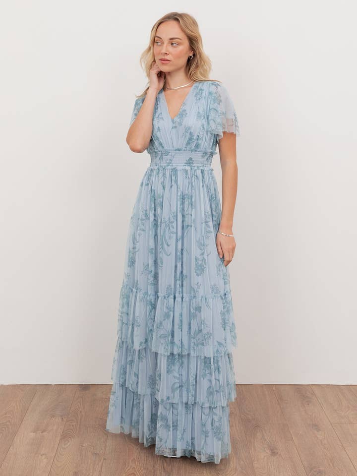 Anaya With Love Recycled Floral Blue V Neck Tiered Maxi Dress for wholesale by Plaza Collection Ltd