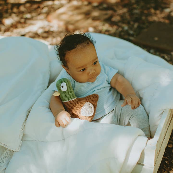 Pebblechild – wholesale Handheld rattle – Baby – Crochet Baby Toy Mallard duck rattle3