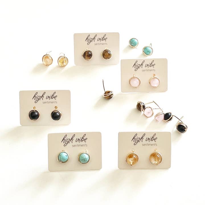 High Vibe Sentiments - Wholesale Stud/Post Earrings - Wire Wrapped Crystal Studs8