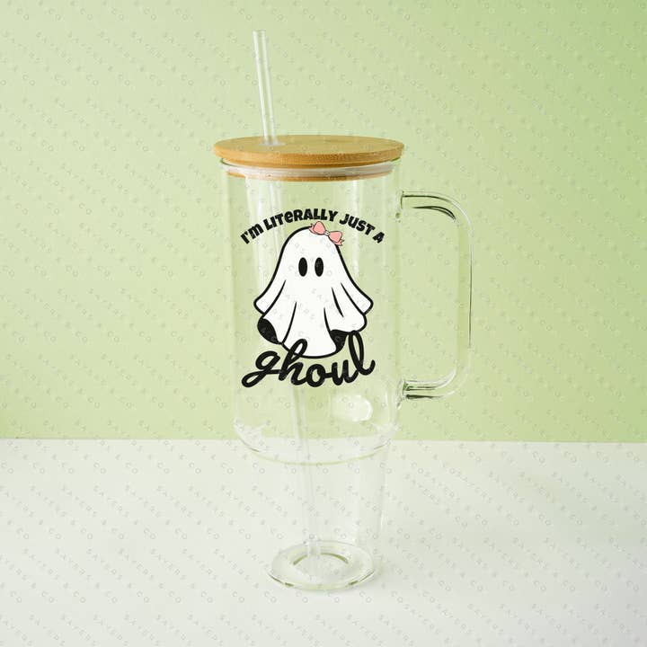 Sayers & Co. - Wholesale Insulated mug/tumbler - 40oz I'm Literally Just A Ghoul Glass Cup with Bamboo Lid & Straw #1003471