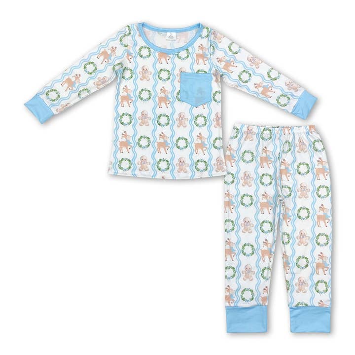 Blue gingerbread deer kids boys Christmas pajamas for wholesale by Yawoo Garments