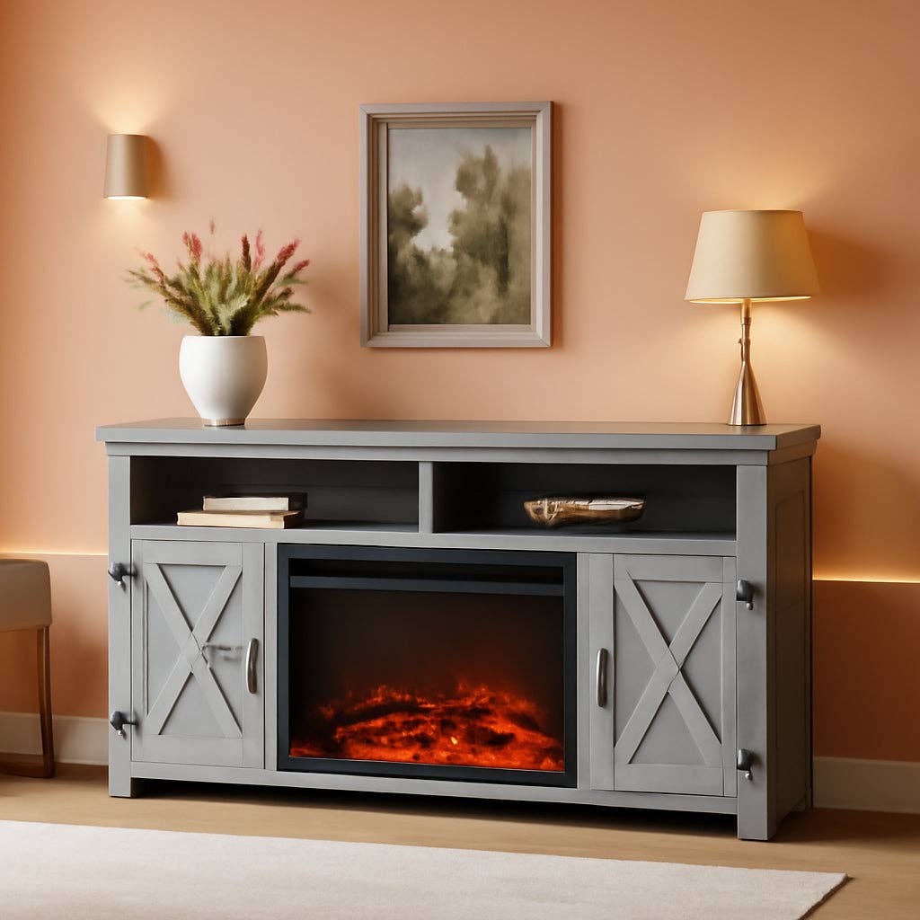 Rustic Fireplace TV Stand 65 Inch with Barn Doors Grey Wash for wholesale on Faire0