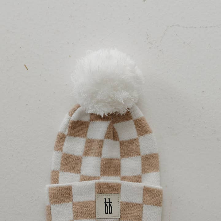 Forever French Baby - Wholesale Beanie - Kids - ff Knit Pom Top Beanie | Tan Checkerboard