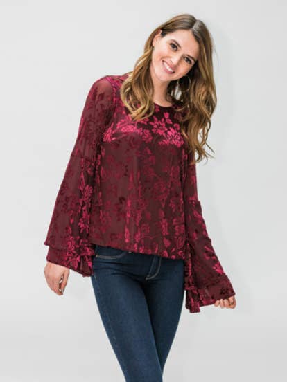 Floral Velvet Burnout Bell Sleeve Top for wholesale by Given Kale
