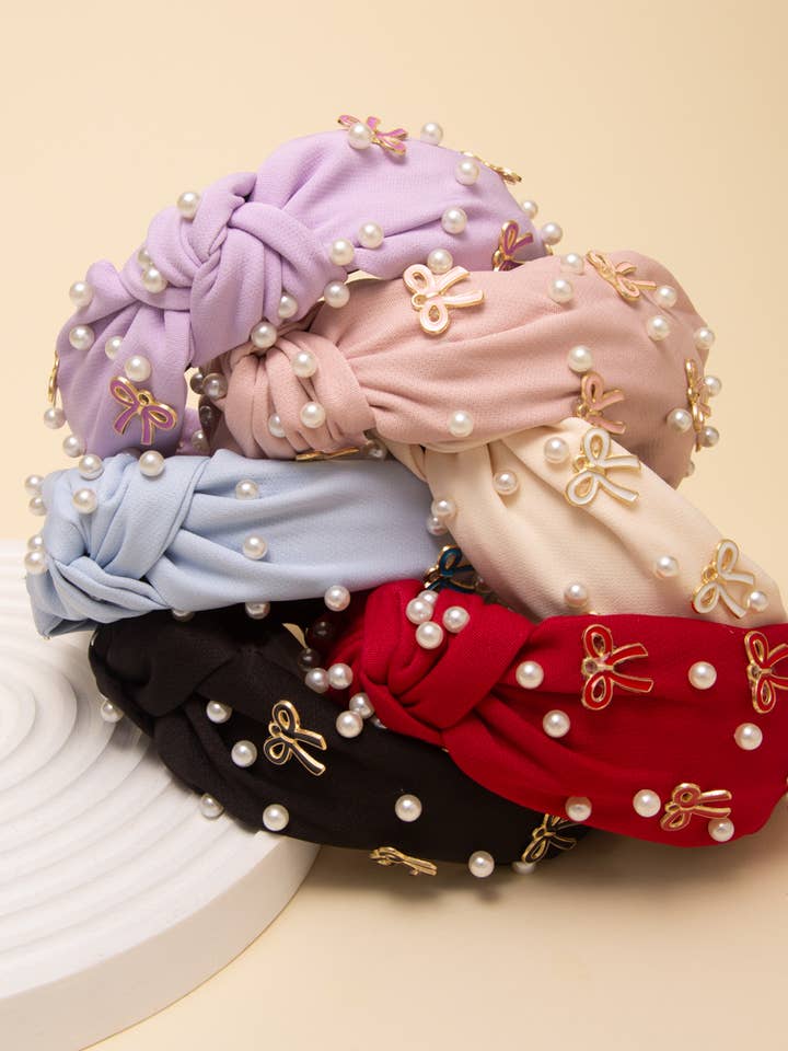 Pearl and Bow Embellished Top Knot Headband for wholesale by SP Sophia Collection