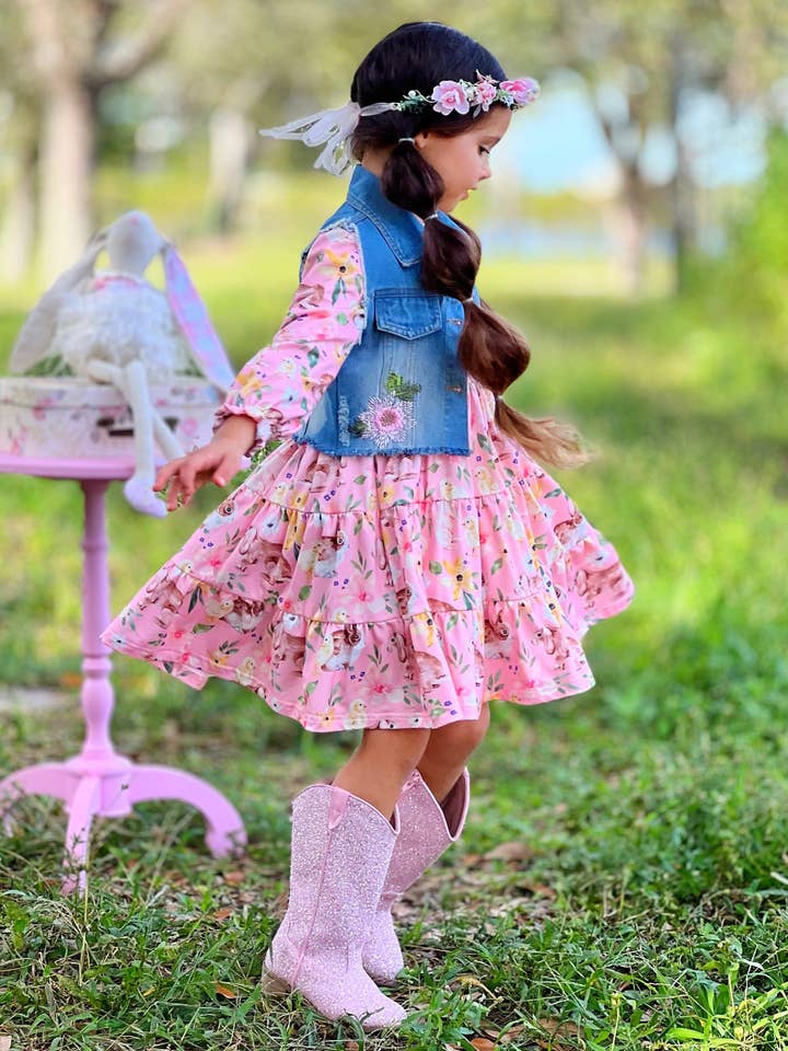 Coral My Sweet Spring Denim Vest And Floral Bunny Dress Set for wholesale on Faire2