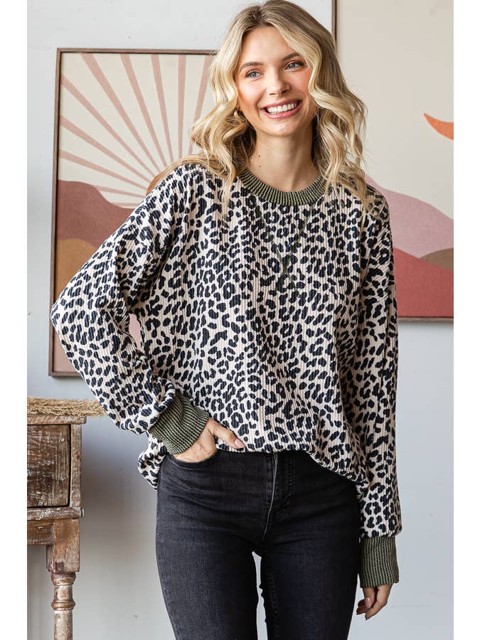 7th Ray - Wholesale Knit Top - Women's - Rib Animal Print Drop Shoulder V Seam Long Sleeve Top T5817
