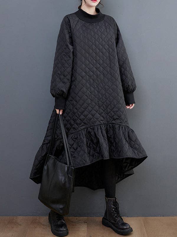 BLACK Casual Long Sleeves A-Line Rhombic Falbala High-Neck Midi Dresses for wholesale on Faire5