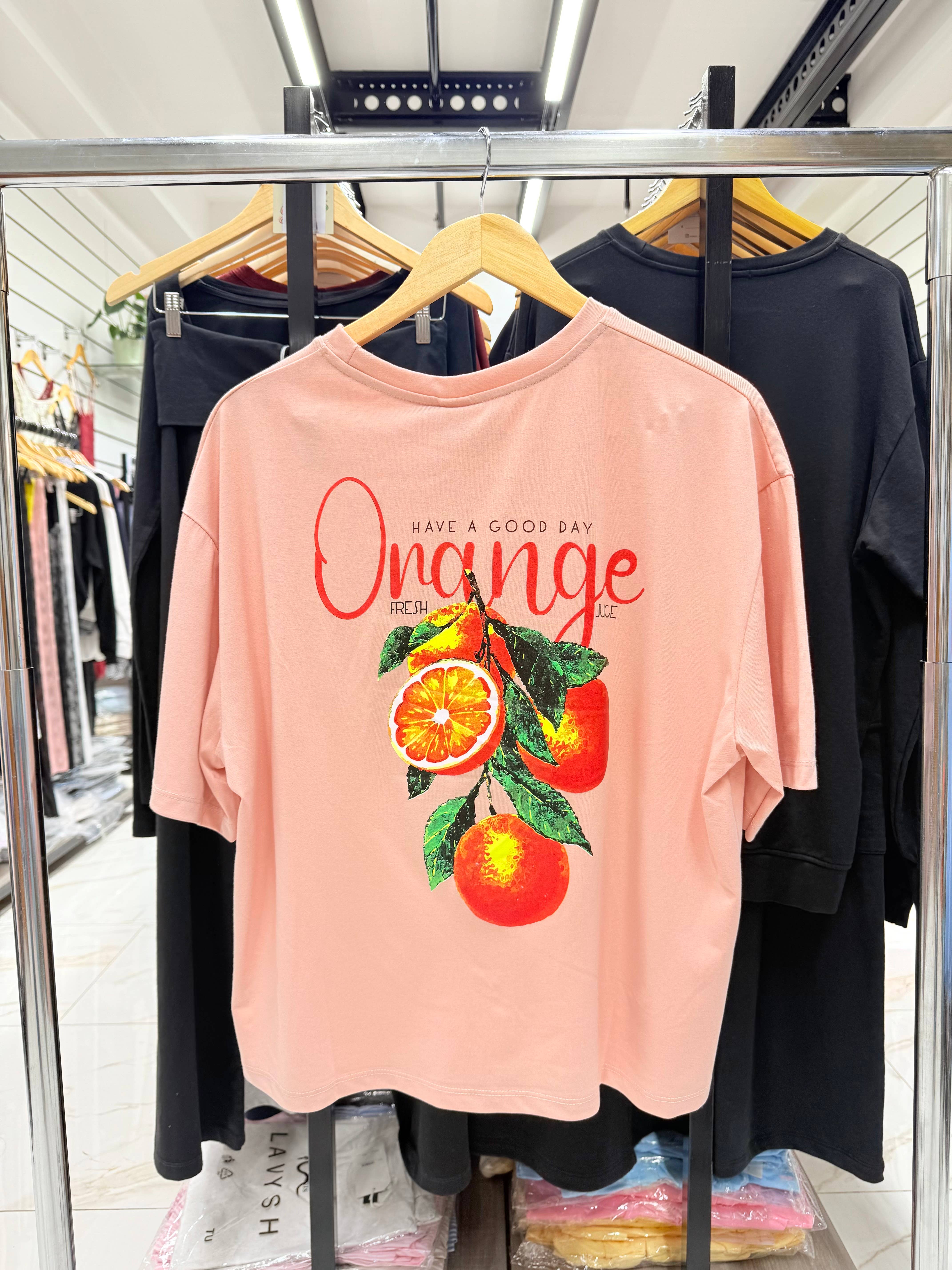 Pink Regular-fit orange print boxy t-shirt with charm decoration for wholesale on Faire1
