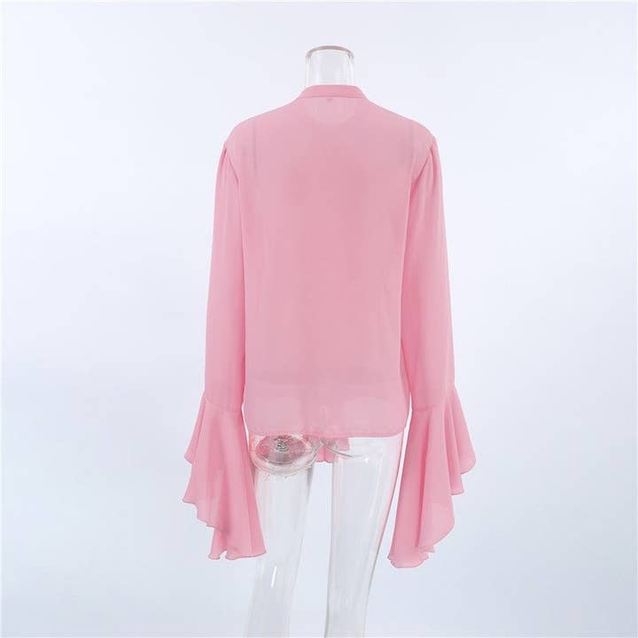 Sheer Trend - Wholesale Blouse - Women's - Round Neck Bell Sleeve Ruffle Trim Women's Blouse3