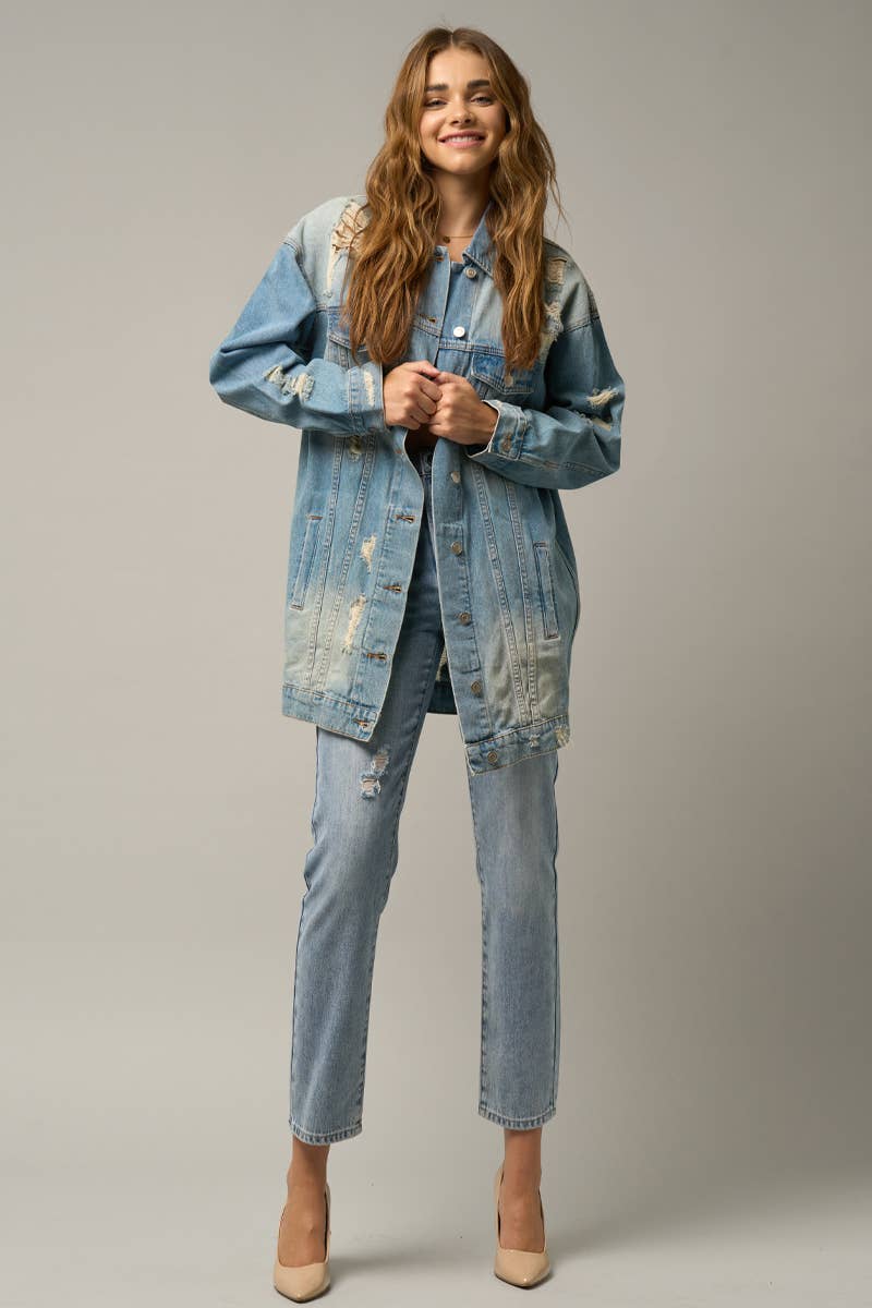 LIGTH Plus Flap Pockets Ripped Washed Denim Jacket for wholesale on Faire1