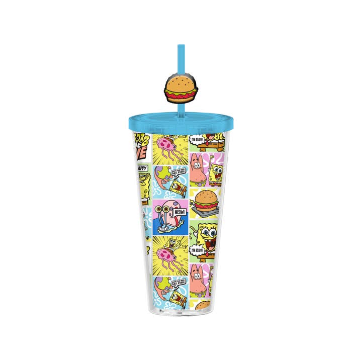 Silver Buffalo - Wholesale Drinking Glass/Cup - Spongebob Comic Panels 24oz Plastic Cold Cup w/ Lid & Topper