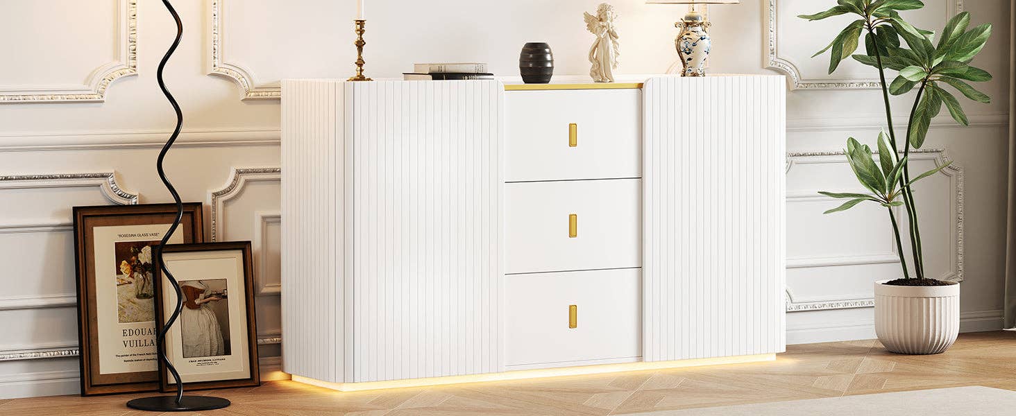 Urban Meuble – Aparador por atacado – Buffet branco elegante 2 portas, 2 gavetas com iluminação LED 150*35*80cm KRAUDREL21