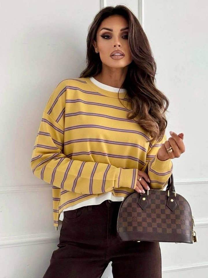 Viola Striped Double-Layer Effect Sweatshirt Top-Yellow for wholesale by Catwalk Wholesale