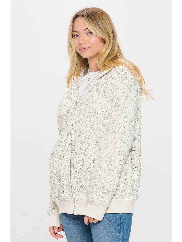 SM WARDROBE - Wholesale Hoodie - Women's - DOG BREED PRINT ZIP UP HOODIE