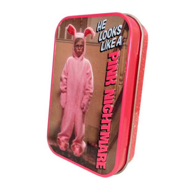 Christmas Story Pink Bunny Nightmare Tin 18ct Display for wholesale by Grandpa Joe's Candy Shop