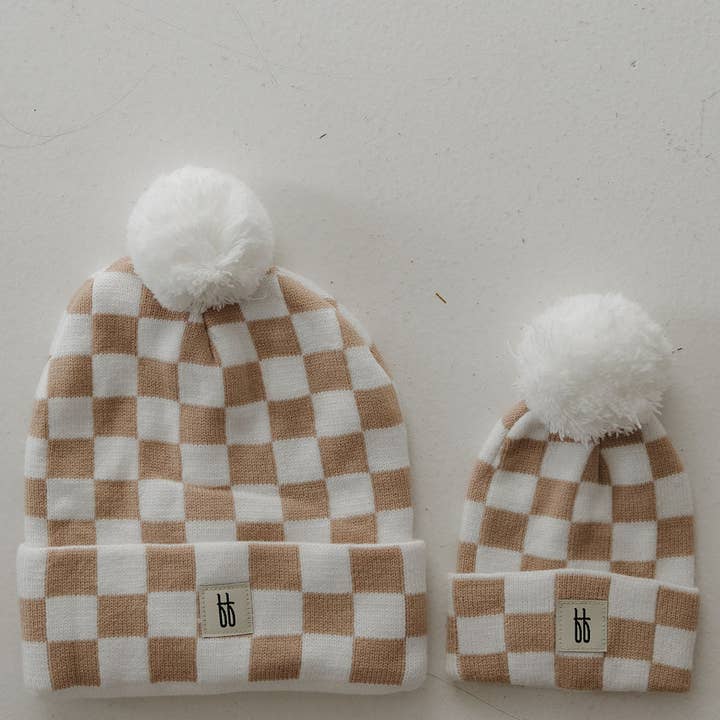 Forever French Baby - Wholesale Beanie - Kids - ff Knit Pom Top Beanie | Tan Checkerboard1