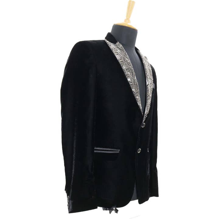 Masculine MOoda - Wholesale Tuxedo Jacket - Men's - Men’s Black Velvet Blazer with Embellished Geometric Lapel.3