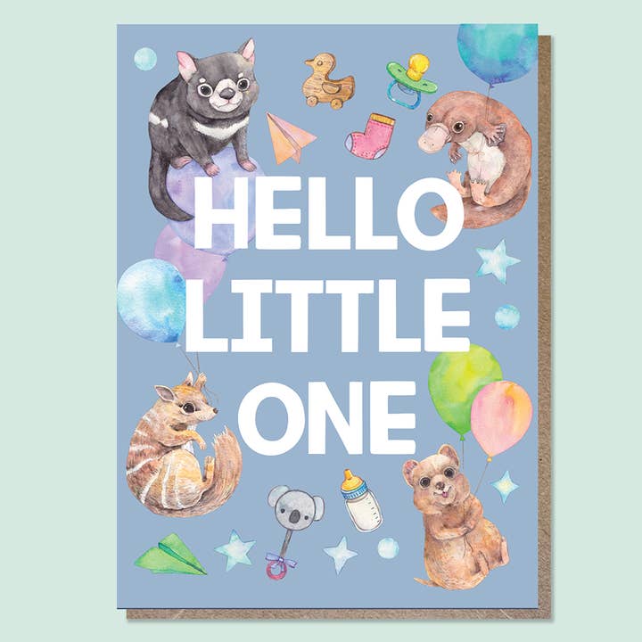 Australian Animals Baby Card, Hello Little One for wholesale by Watercolour By Cat