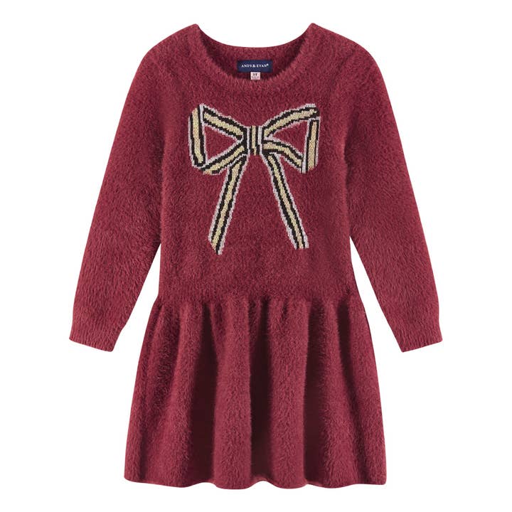 Kids Eyelash Sweater Dress | Red Bow Christmas Holiday for wholesale on Faire