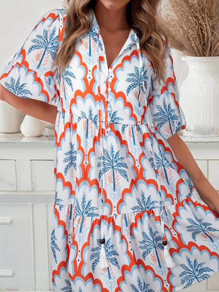 Orange Contrast Palm Tree Printed Short Sleeve Flowy Dress for wholesale on Faire