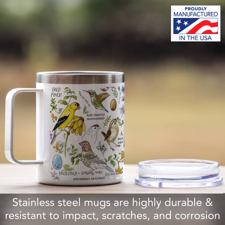 CounterArt/Highland Home/Thirstystone/CoasterStone - Wholesale Coffee/tea cup - "Drawn To Birds" Stainless Steel Mug w/Lid 12 oz.5