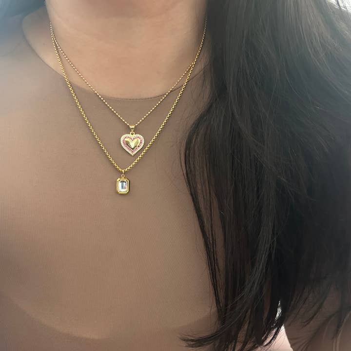 Amady Jewelry - Vendita all'ingrosso Collana con ciondolo/pendaglio - Collana con ciondolo a cuore piccolo pavé e catena di perline di vetro rosa.2