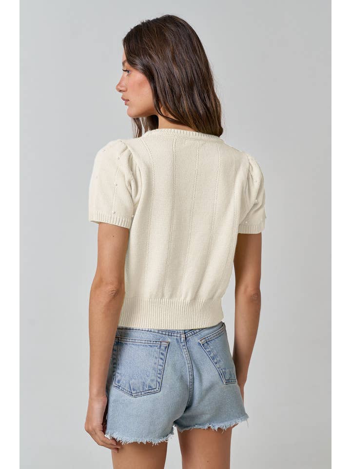 Lalavon - Wholesale Knit Top - Women's - ILT3051Â SWEATER SHORT SLEEVE TOP WITH PEARL DETAIL