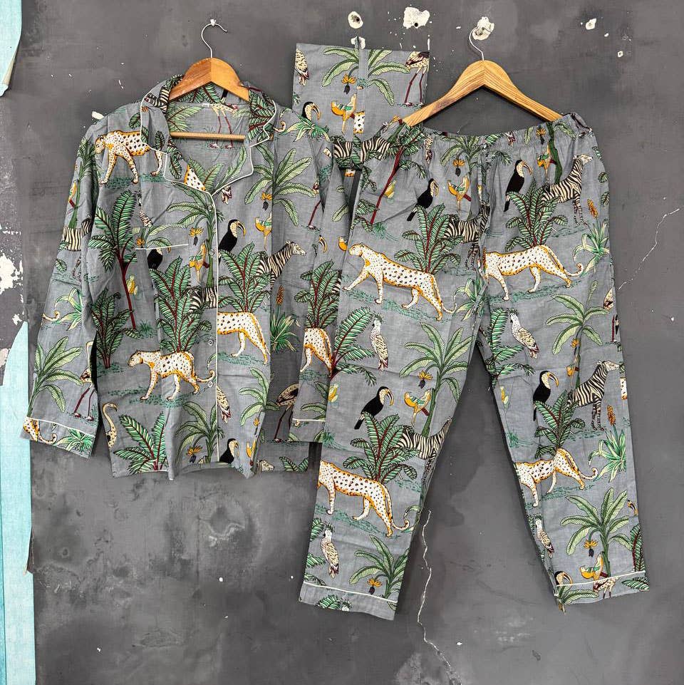 Bhawana Handicrafts - Wholesale Lounge Top - Women's - Jungle Animal Print PJ Set Cotton Pants Shirt Set Night Suit