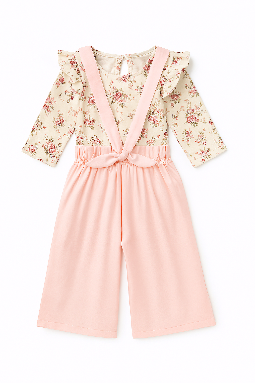 Fennco Styles - Wholesale Clothing Set - Baby - Floral Ruffle Top & Pink Suspender Wide Leg 2pcs Baby Outfit2
