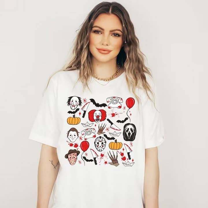 Halloween Shirt, Horror Movie Doodles, Creepy Scary Movie Lo for wholesale by OneStopSapphireShop