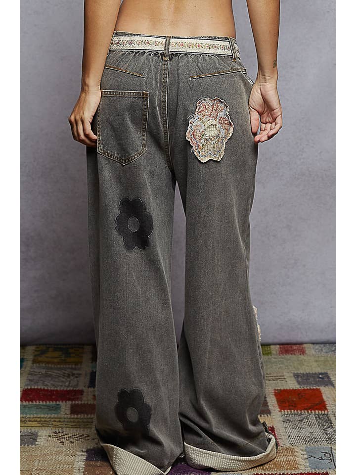 Pol Clothing - Wholesale Pants - Women's - Floral Patchwork Rolled-up Denim Straight Pants2