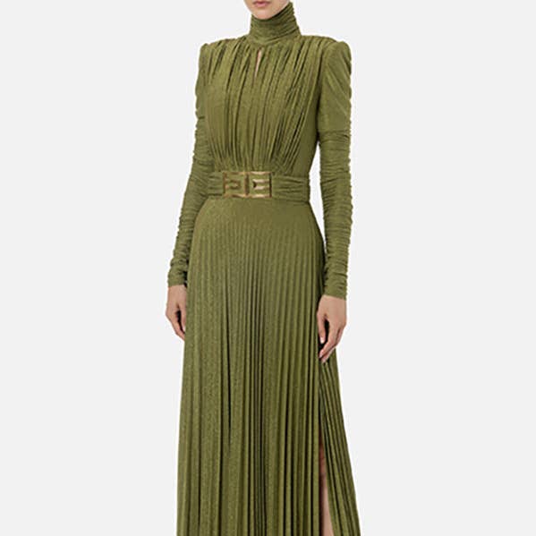 Manga Comprida Sólida com Fenda Lateral e Decote em V nas Costas Maxi de Noite com Gola Alta por atacado de Plush Looks