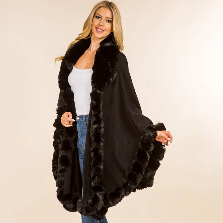Sensibling Corp. - Vente Poncho – femme - Poncho Cape Flottant à Bordure en Fausse Fourrure4