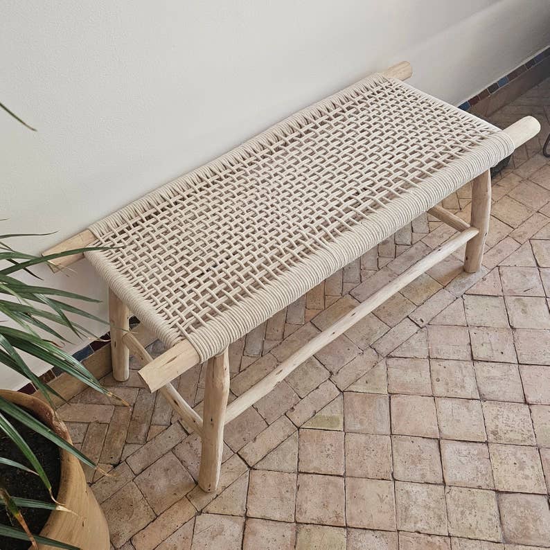 Melecraft - Vente Bancs - Banc marocain artisanal en bois d’eucalyptus avec corde beige5